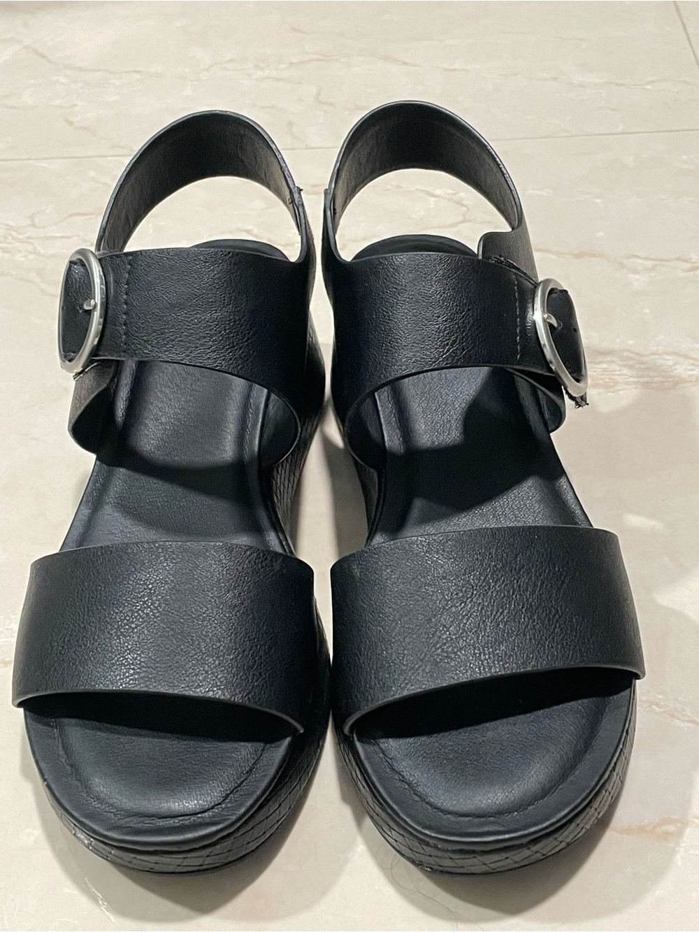 Black Platform Wide-Strap Sandals with Silver Buckle